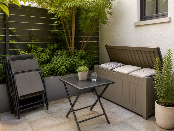 Foldable patio chairs and outdoor storage bench in a compact outdoor space