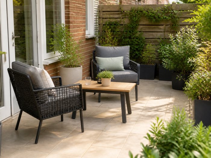 Compact outdoor seating arranged on a small patio with potted plants